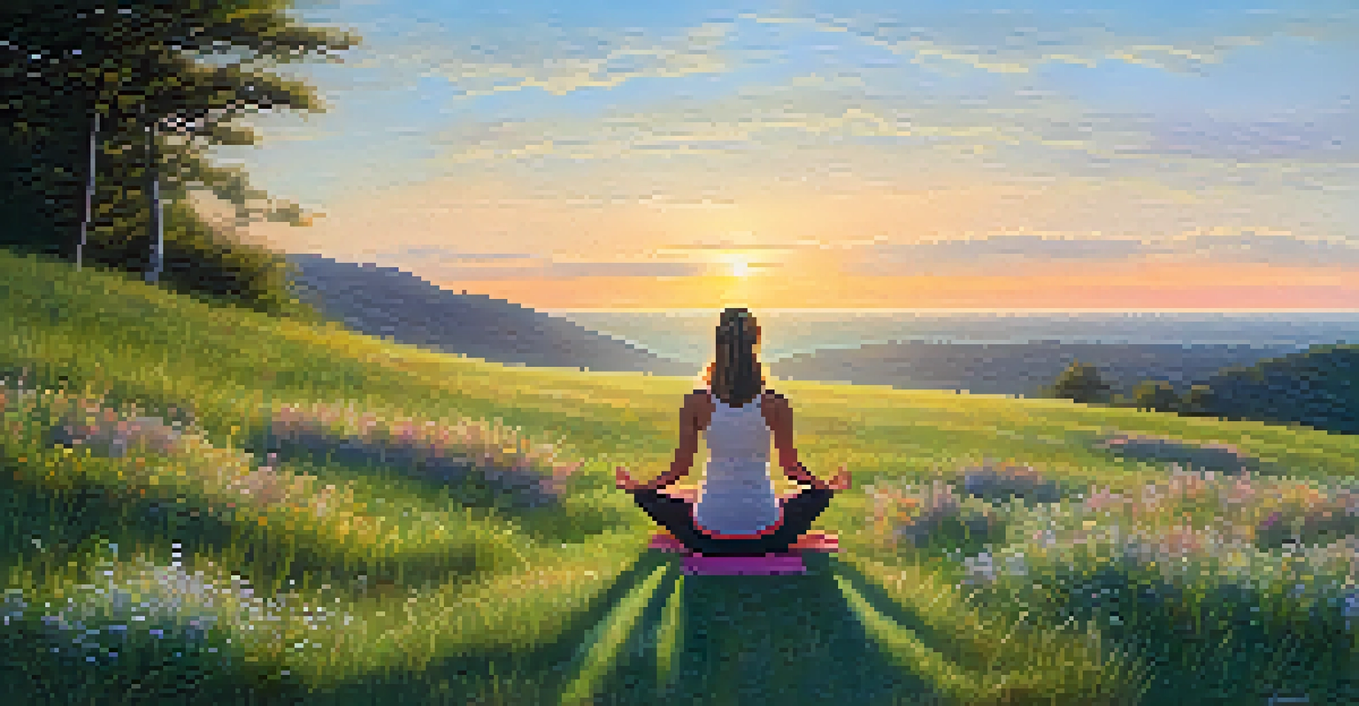 A person practicing yoga on a grassy hill at sunrise, surrounded by wildflowers and a colorful sky.