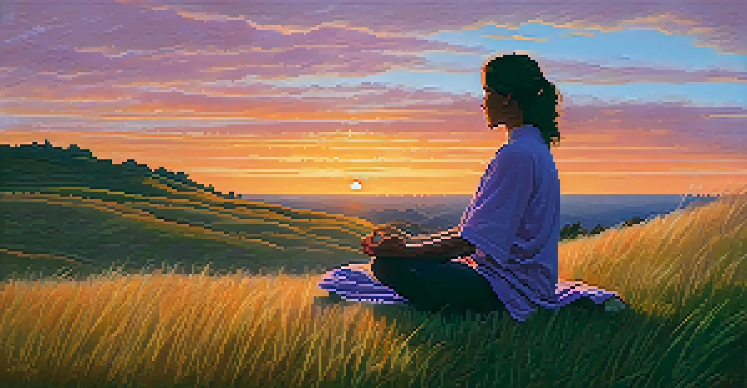 A person meditating on a hilltop during a colorful sunset.