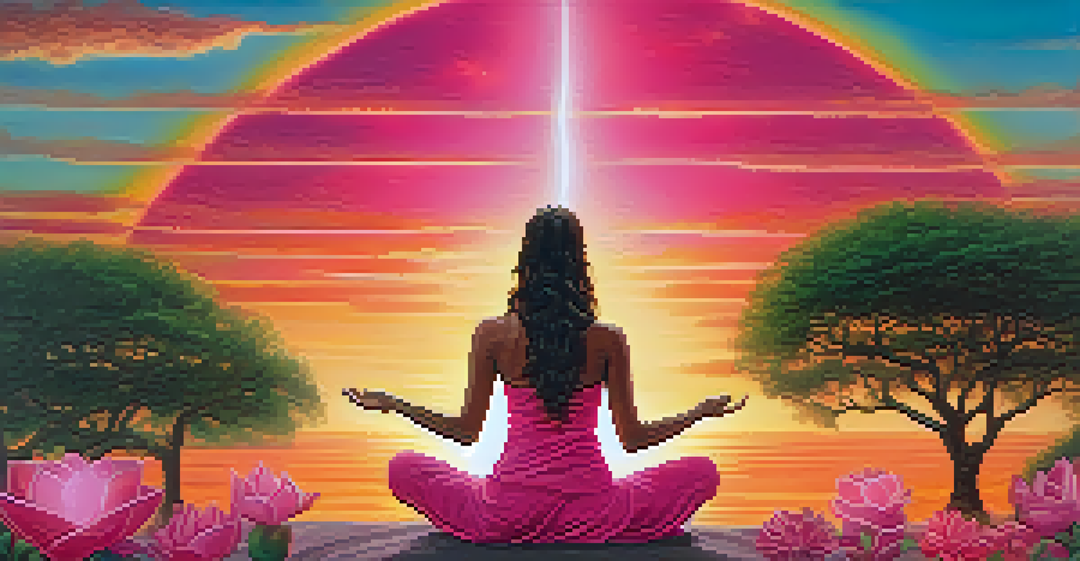 A figure in Camel Pose against a vibrant sunset, with a glowing heart area and flowers, representing love and compassion.