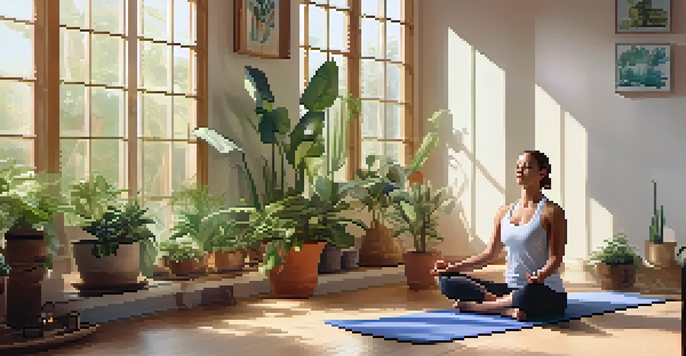 A person practicing Child's Pose in a tranquil yoga studio filled with plants and soft morning light.
