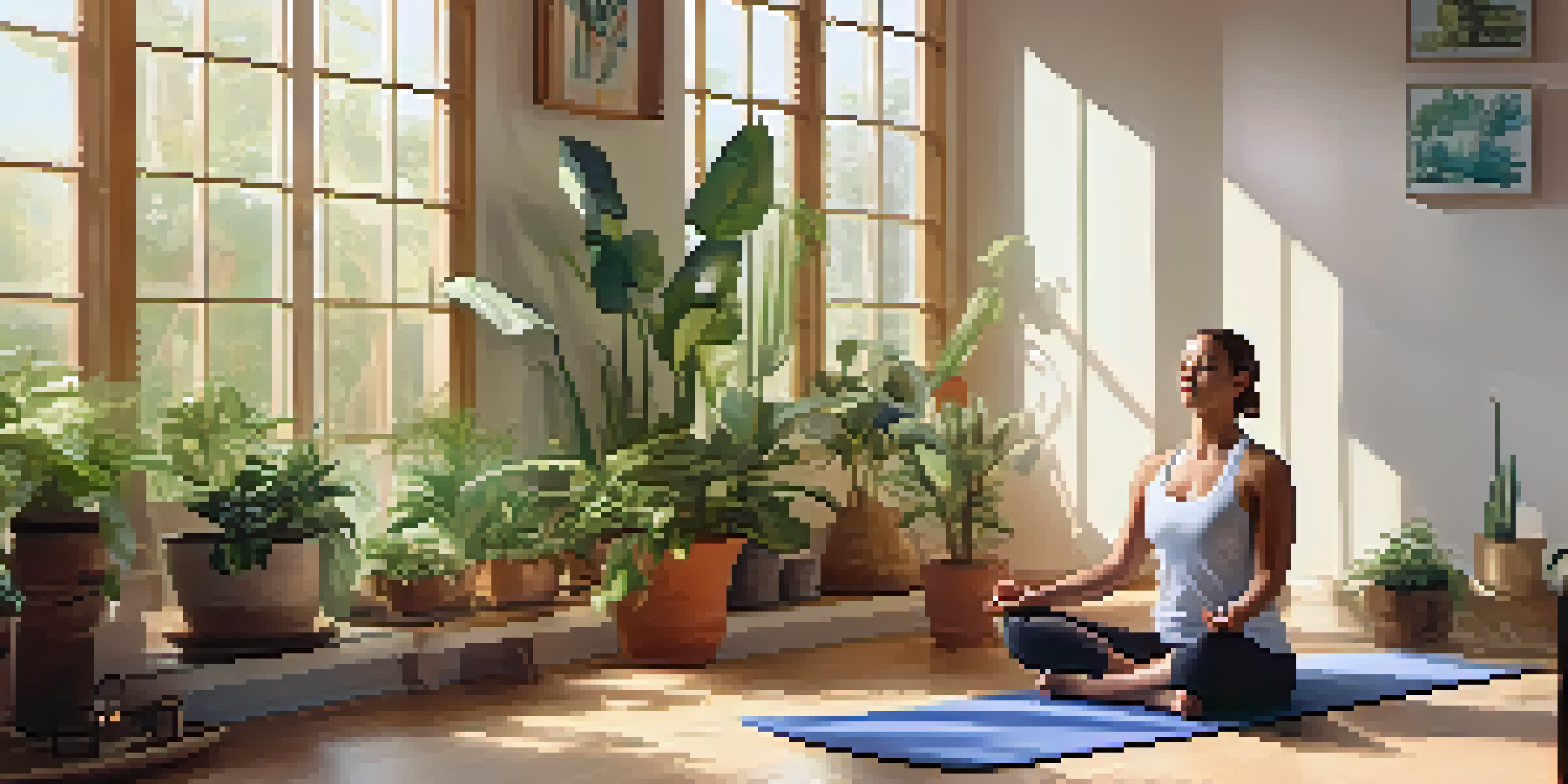 A person practicing Child's Pose in a tranquil yoga studio filled with plants and soft morning light.
