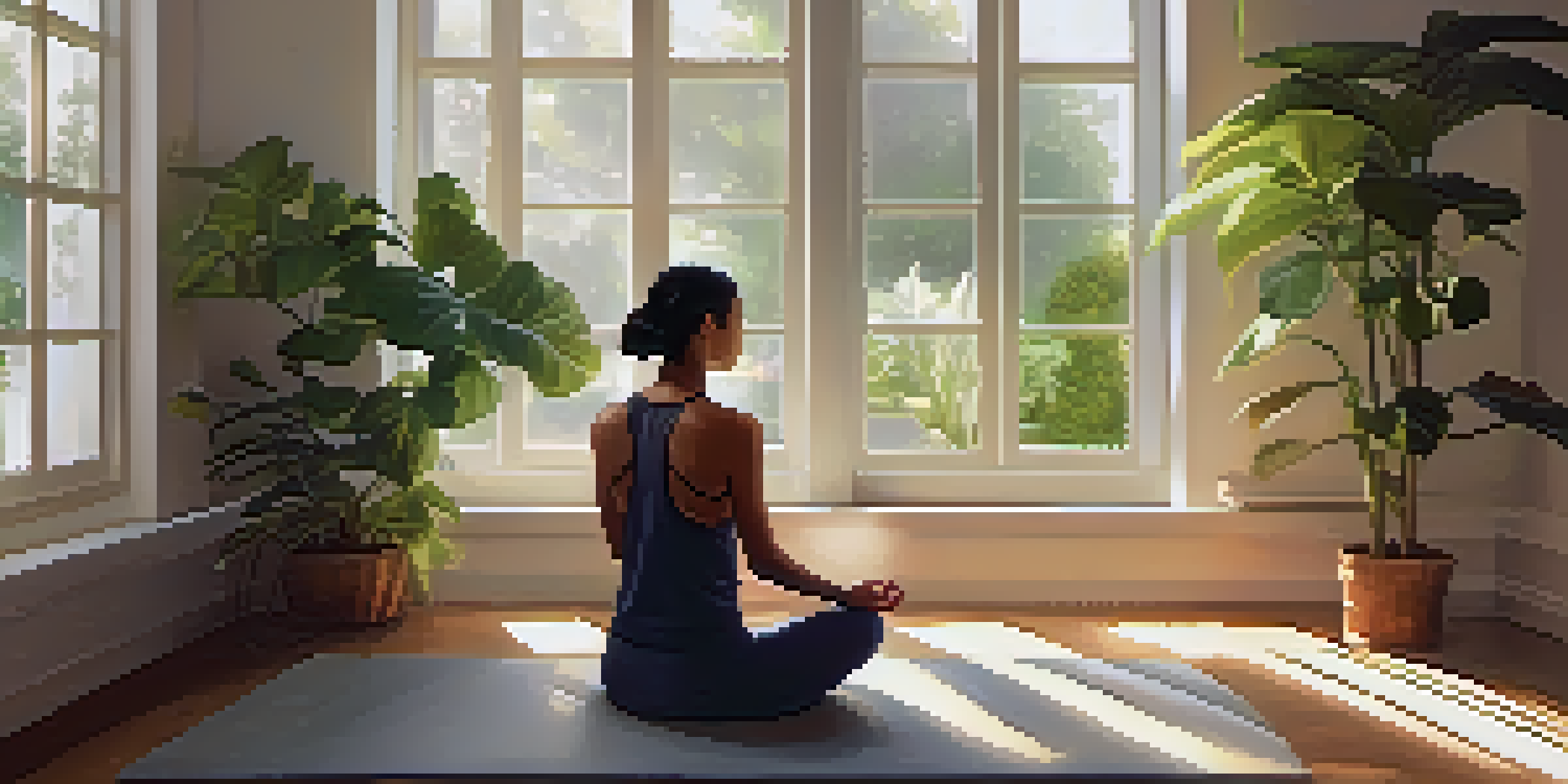 A person meditating in a sunlit room surrounded by plants and a candle, with sunlight filtering through a window.