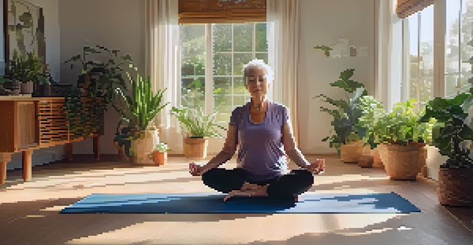 An elderly woman doing the Seated Forward Bend yoga pose with a peaceful expression, surrounded by plants in a bright room.