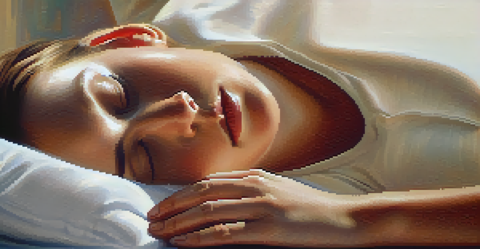 A close-up of hands on a person's belly, demonstrating diaphragmatic breathing in a peaceful home setting.