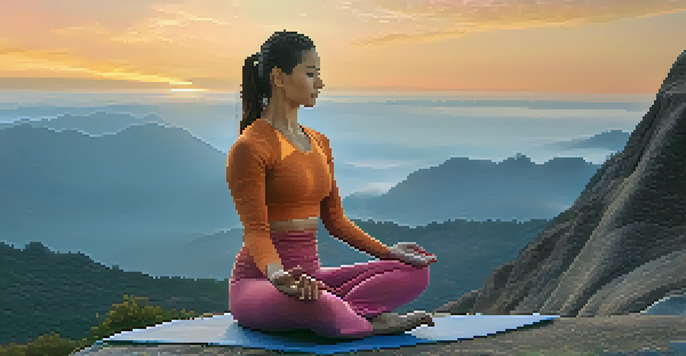 A person meditating in a yoga pose on a mountaintop during sunrise, with misty mountains in the background and warm sunlight illuminating the scene.