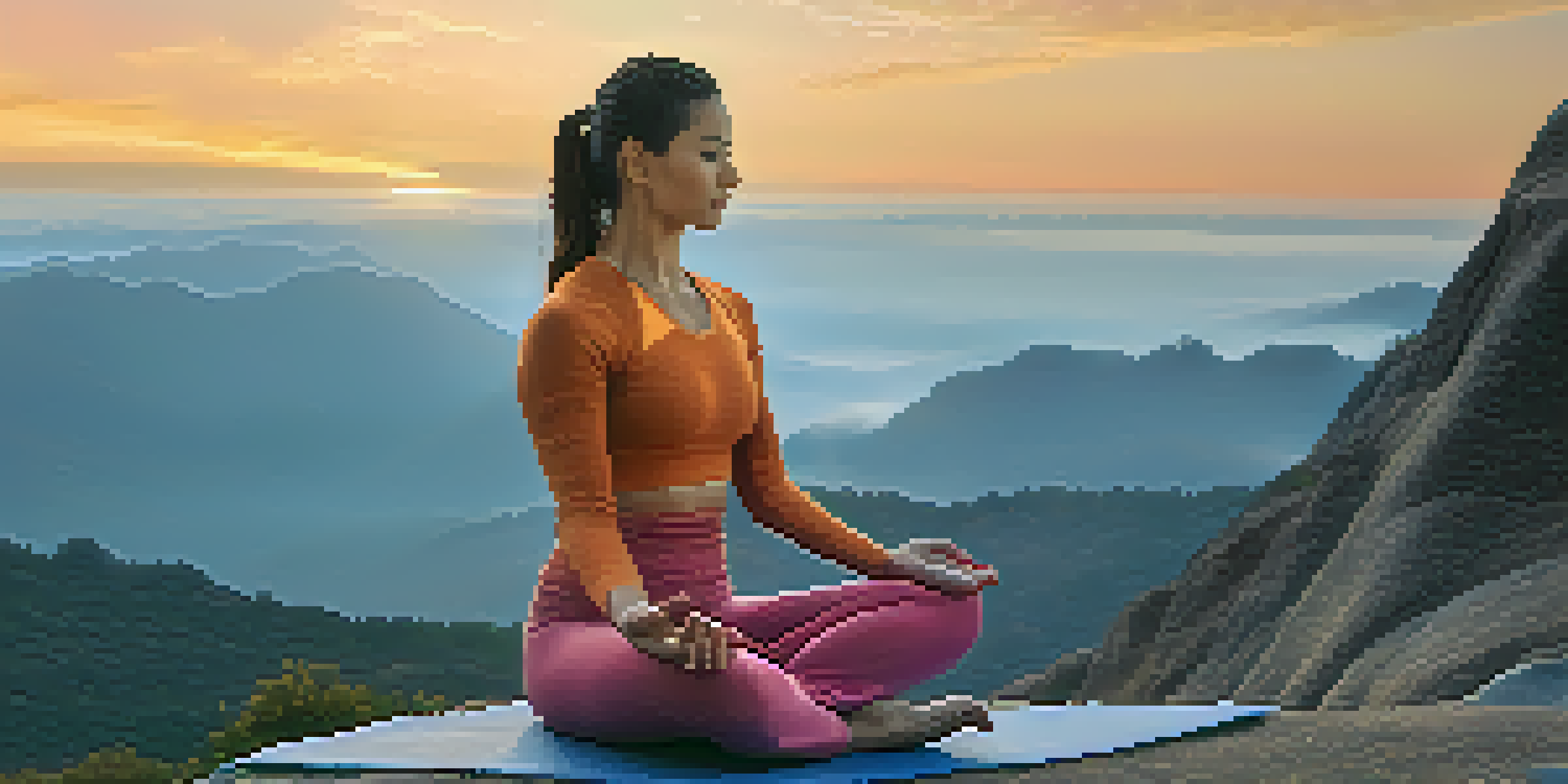 A person meditating in a yoga pose on a mountaintop during sunrise, with misty mountains in the background and warm sunlight illuminating the scene.