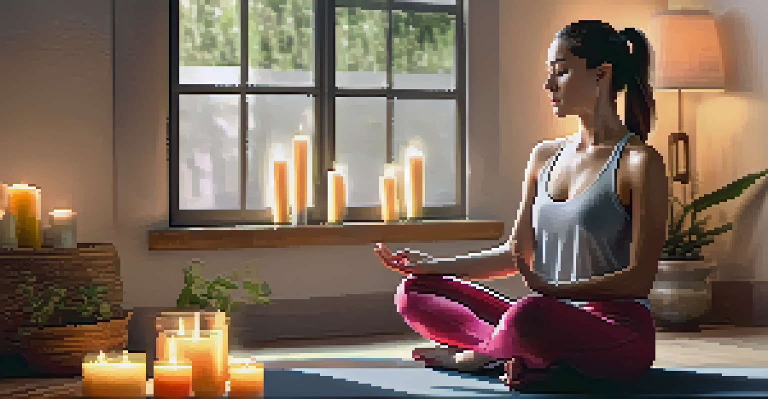 A woman practicing breath control in a peaceful setting with candles and essential oils.