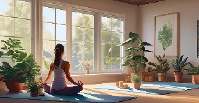 A woman practicing Child's Pose in a bright yoga studio filled with natural light and plants.