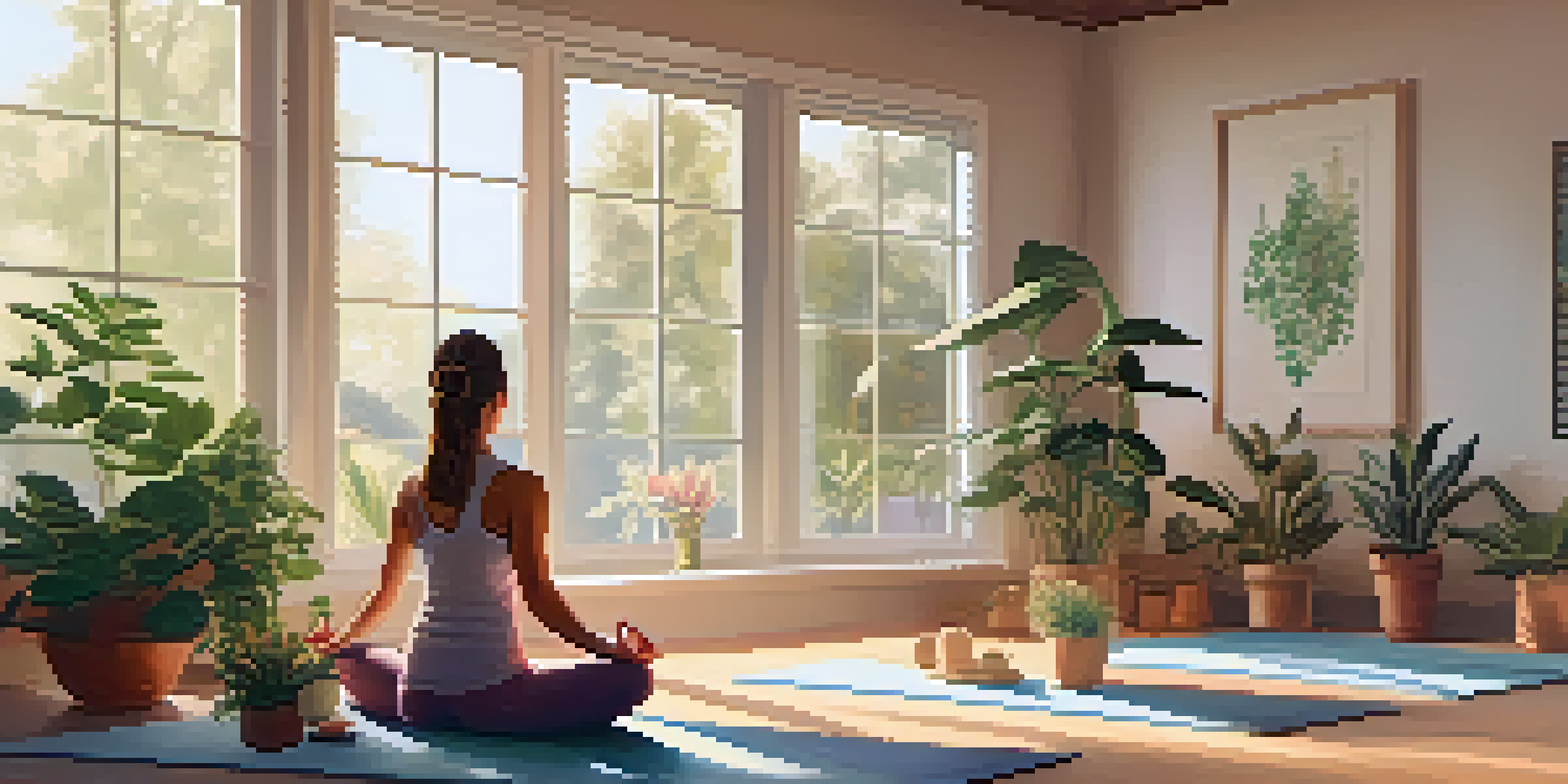 A woman practicing Child's Pose in a bright yoga studio filled with natural light and plants.