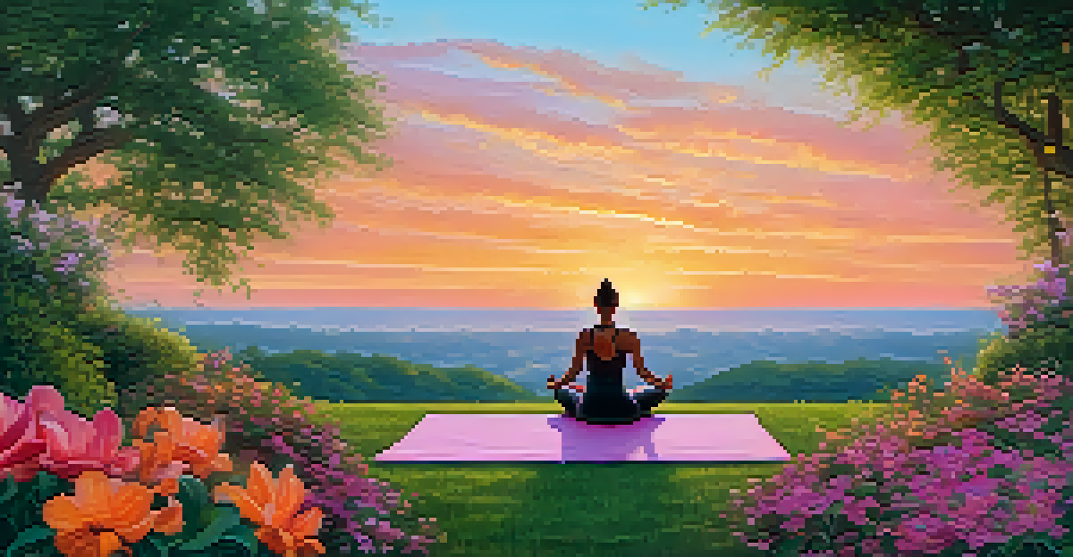 A person practicing yoga in a vibrant garden at sunset, with colorful flowers and a sky of orange and pink hues.