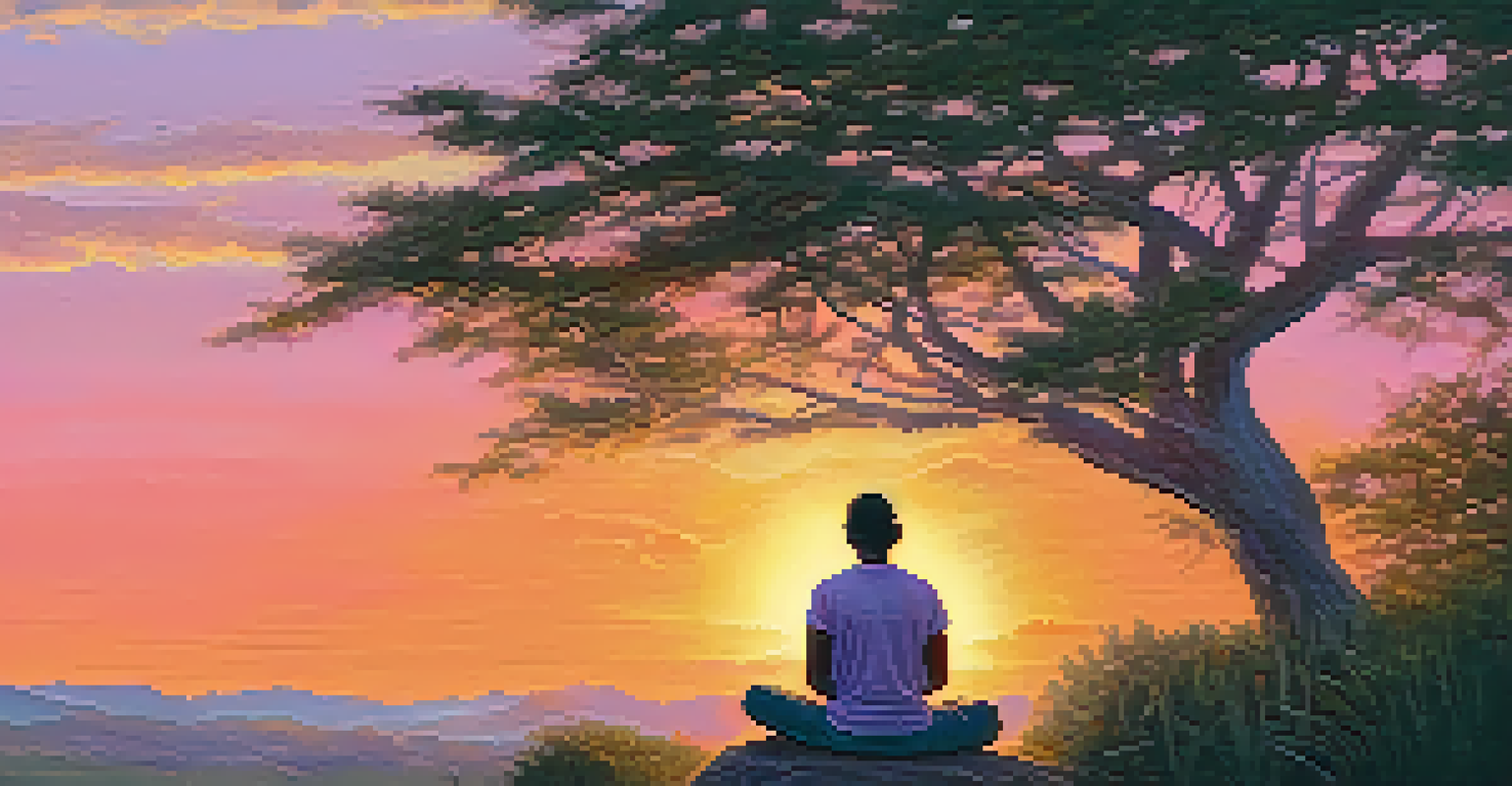 A person meditating cross-legged outdoors during sunset, surrounded by nature and warm colors.