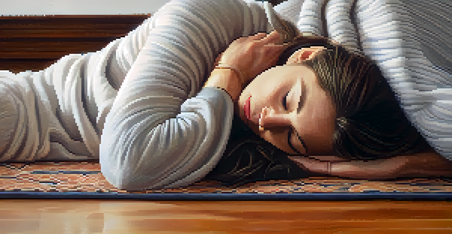 A person lying on a yoga mat, eyes closed, in deep relaxation during Yoga Nidra, with a peaceful expression and soft textures around.