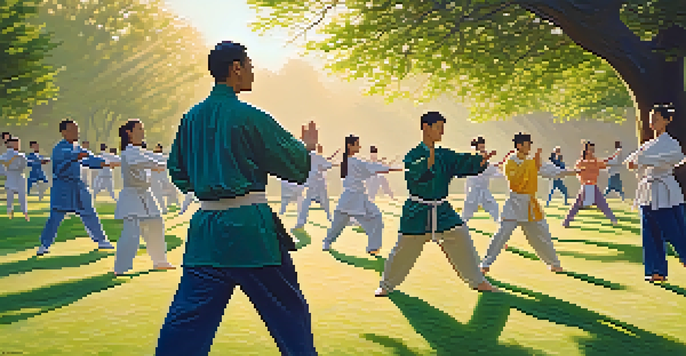 A group of diverse individuals practicing Tai Chi in a park during sunrise, surrounded by greenery and soft sunlight.