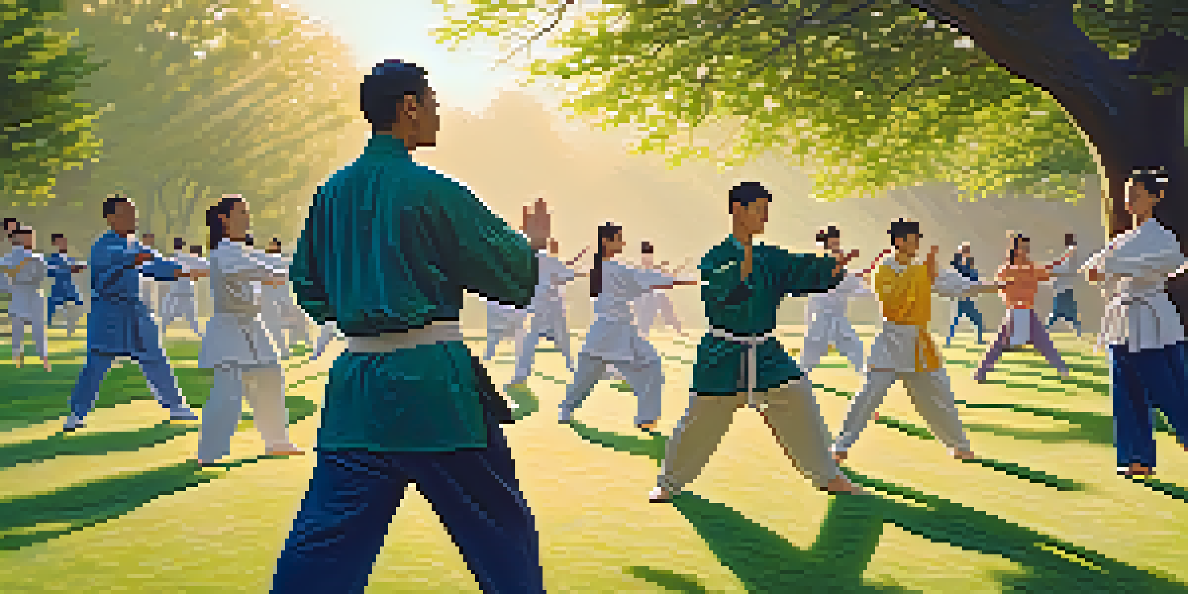 A group of diverse individuals practicing Tai Chi in a park during sunrise, surrounded by greenery and soft sunlight.
