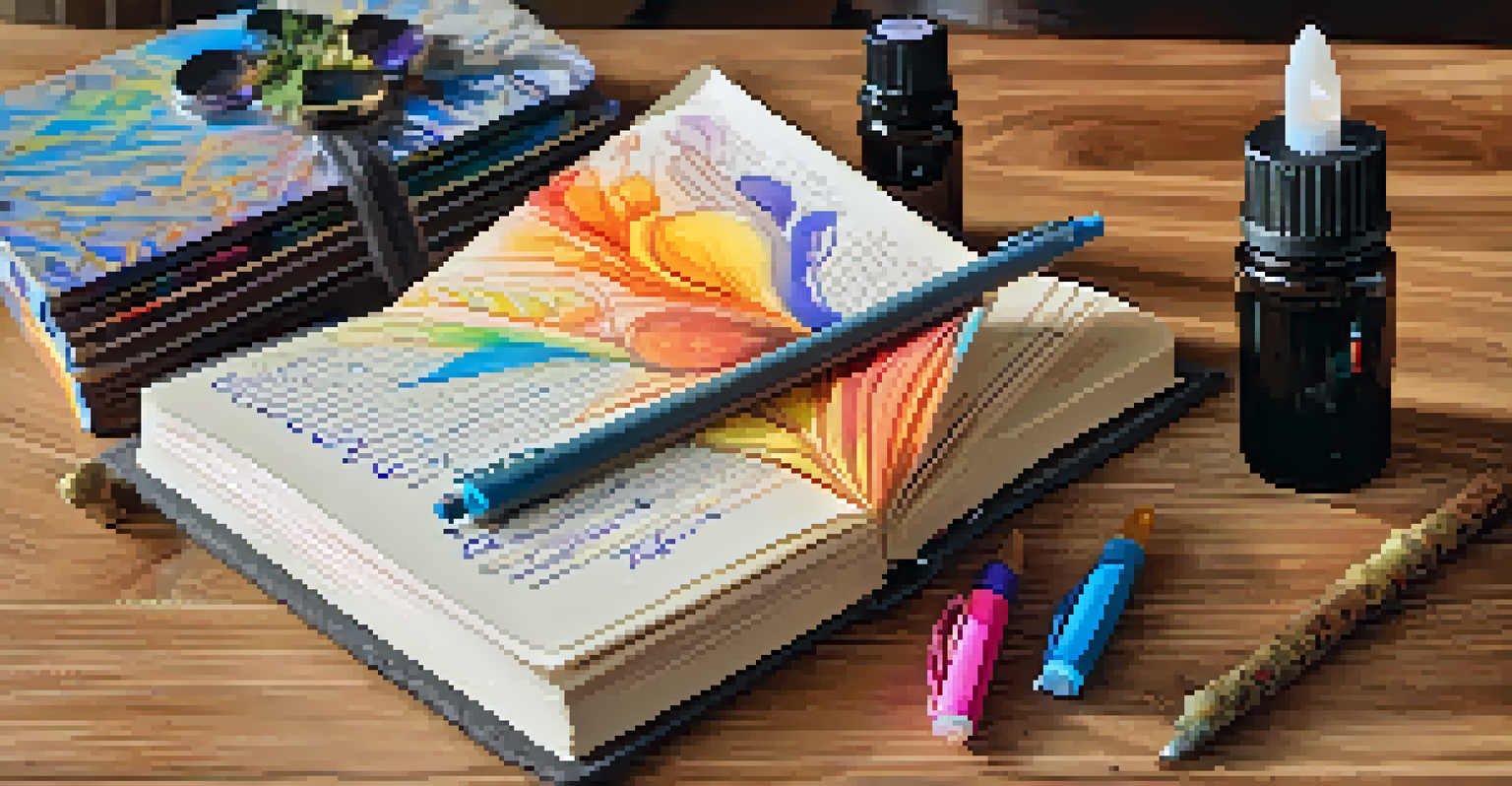 A close-up of a journal filled with notes, colorful pens, and essential oils on a wooden table, with a yoga mat in the background.