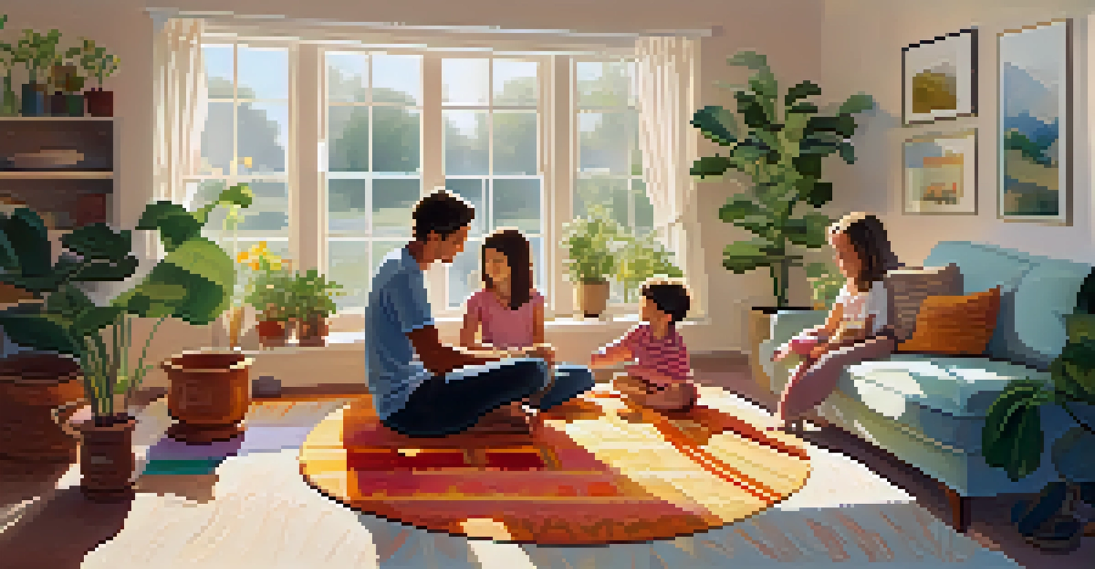 A family of four practicing mindful breathing in a bright living room, seated in a circle on a colorful rug with sunlight streaming in.