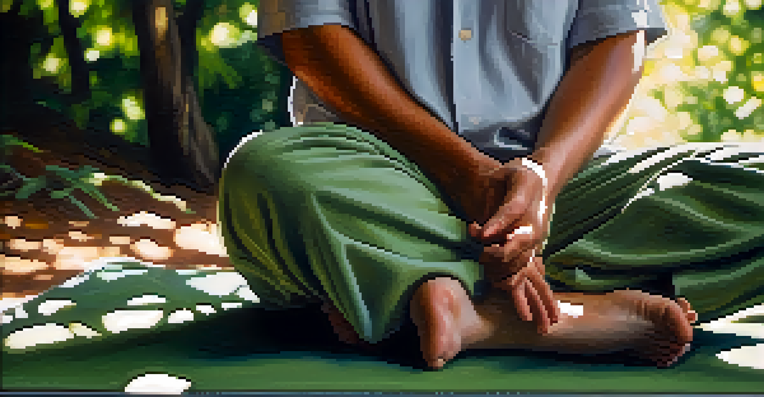 Close-up of hands in a meditative gesture on a yoga mat with sunlight filtering through trees.