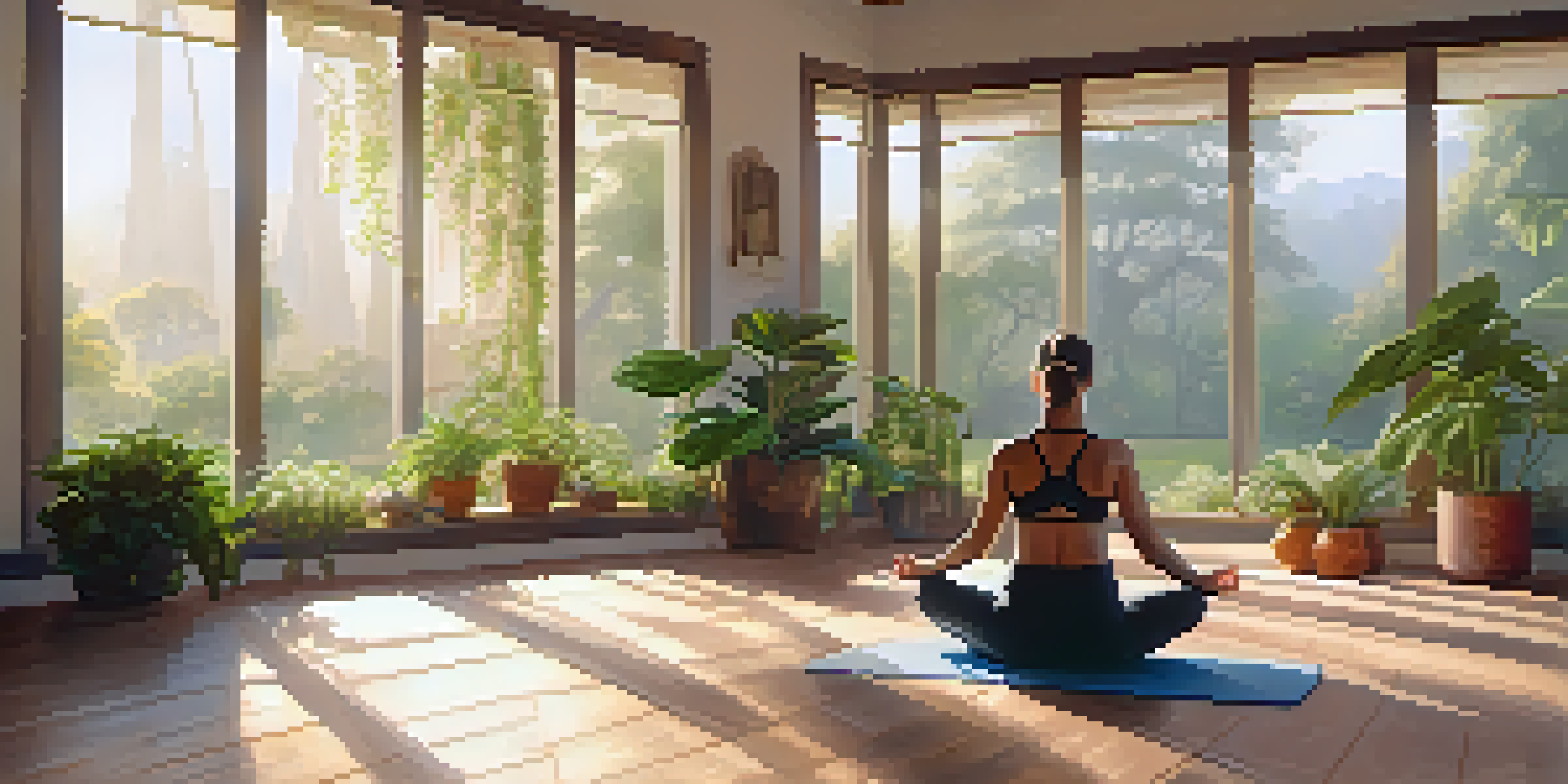 A calm yoga studio with a person practicing pranayama, surrounded by plants and morning light.