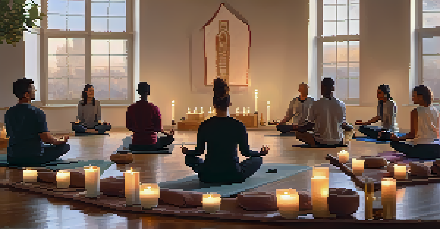 A group of people seated in a circle practicing mindfulness meditation in a cozy, candlelit room.