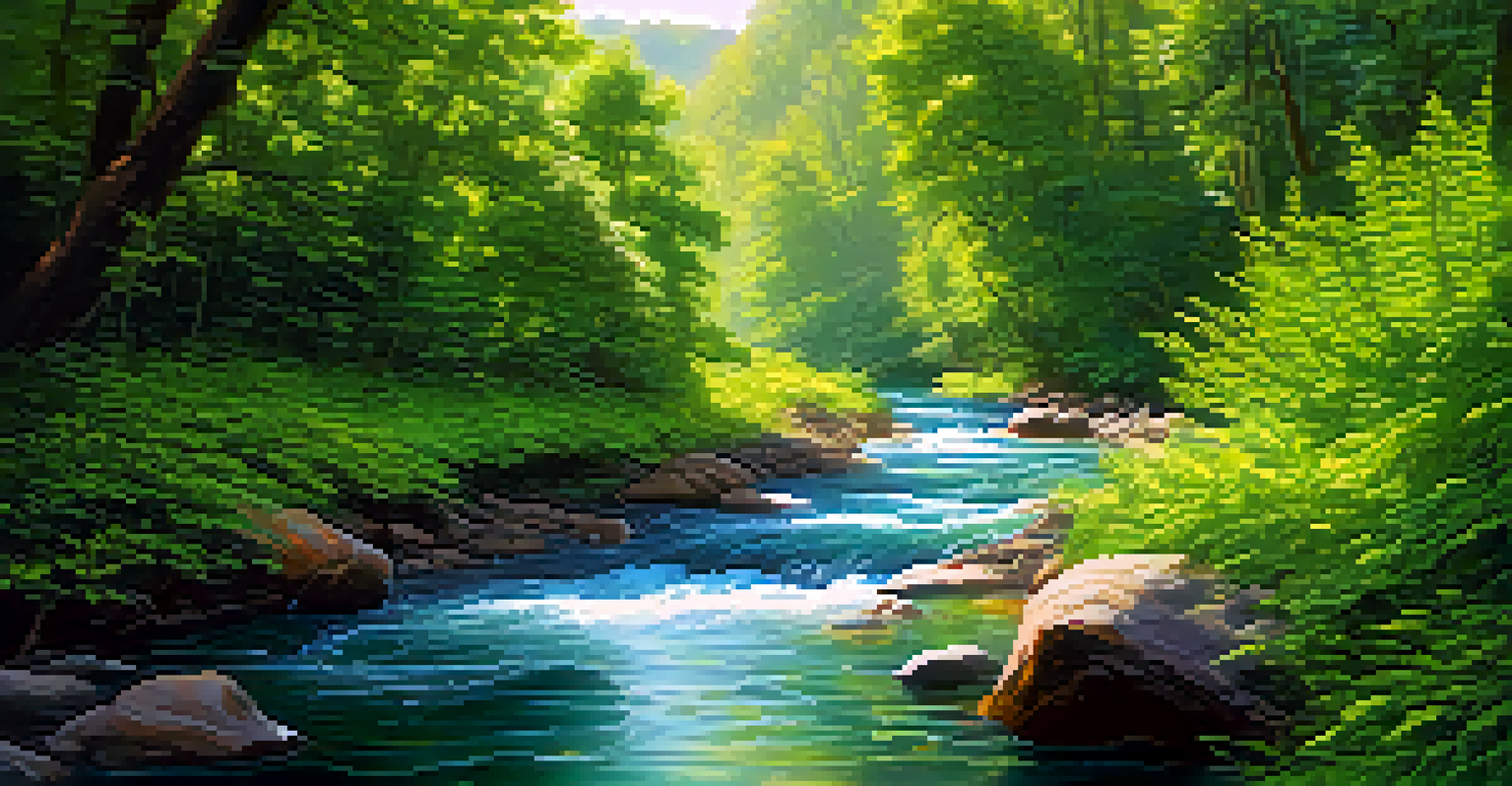 A vibrant river flowing through green landscapes, sparkling in sunlight, representing the beauty of embracing change and resilience.