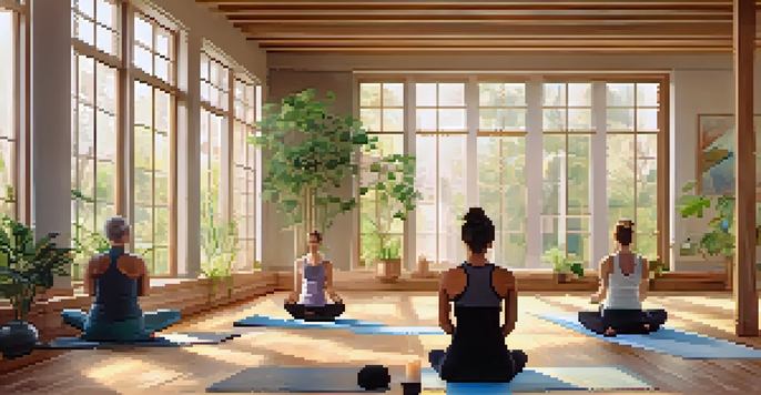 A diverse group of people practicing yoga in a sunlit studio with large windows and plants.