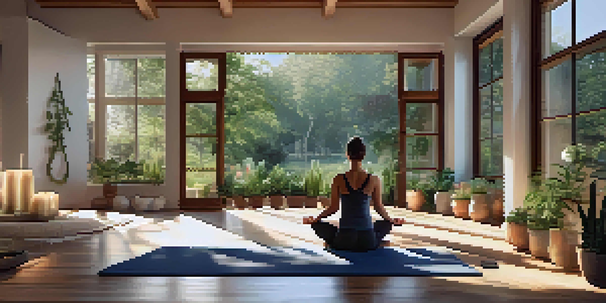 A person practicing Child's Pose in a peaceful yoga studio filled with natural light and plants.