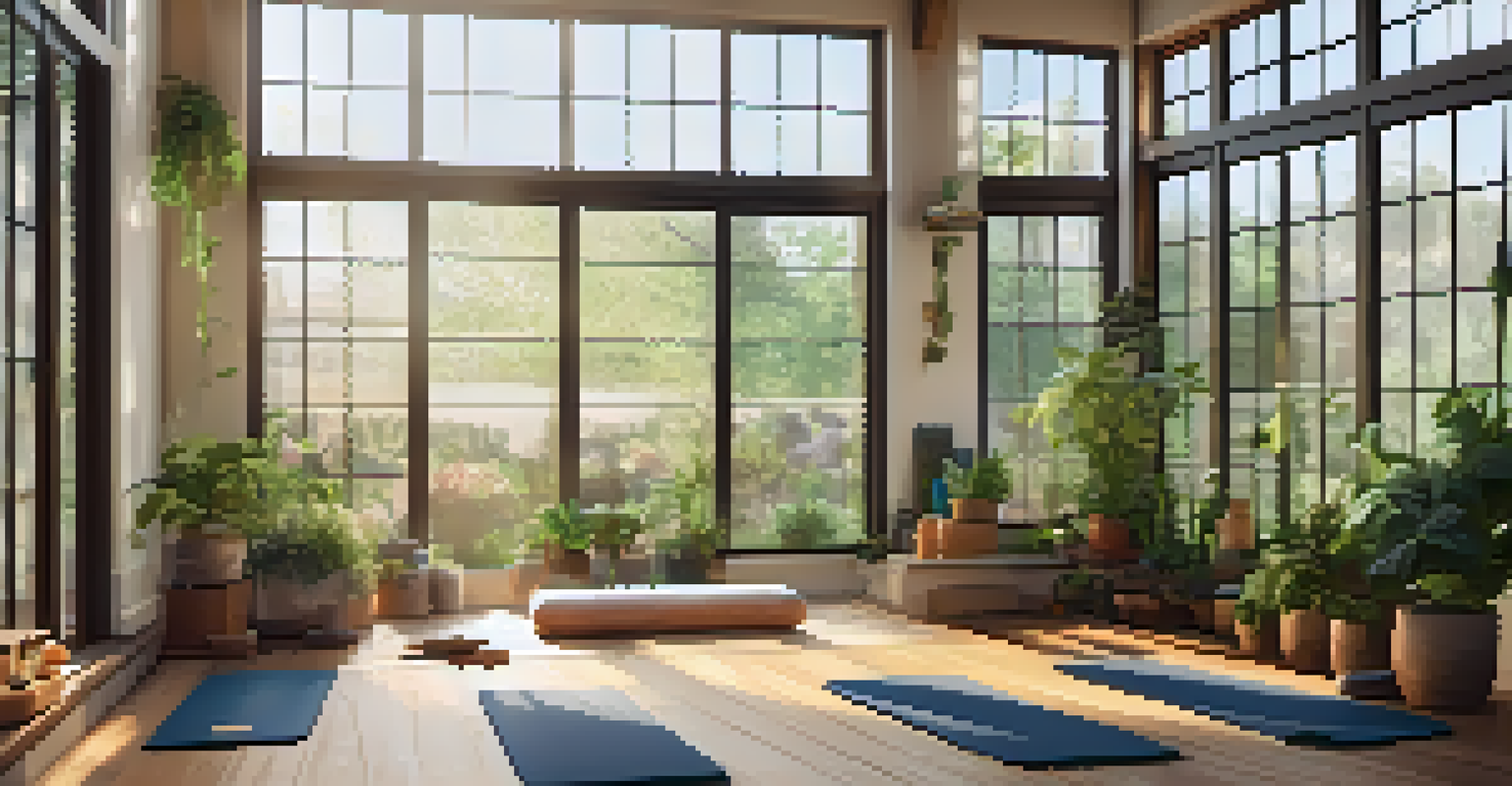 An indoor yoga studio filled with plants and natural light, showcasing eco-friendly yoga gear.