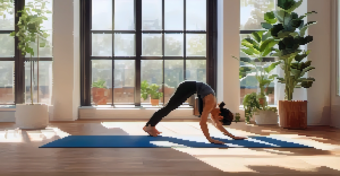 A person practicing the Plank yoga pose in a bright and serene studio with plants and natural light.