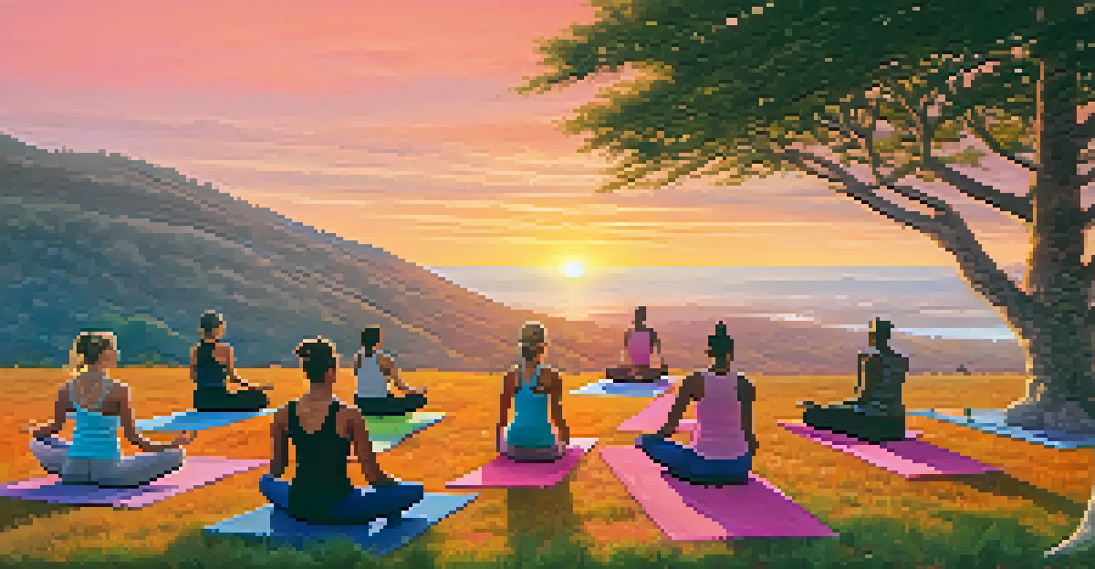 A diverse group of people practicing yoga at sunrise on a grassy hill, with a colorful sky.