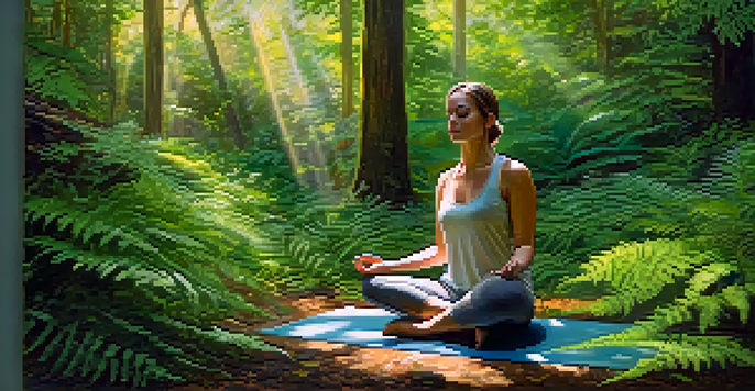 A person meditating on a yoga mat in a lush forest, with sunlight filtering through the trees.