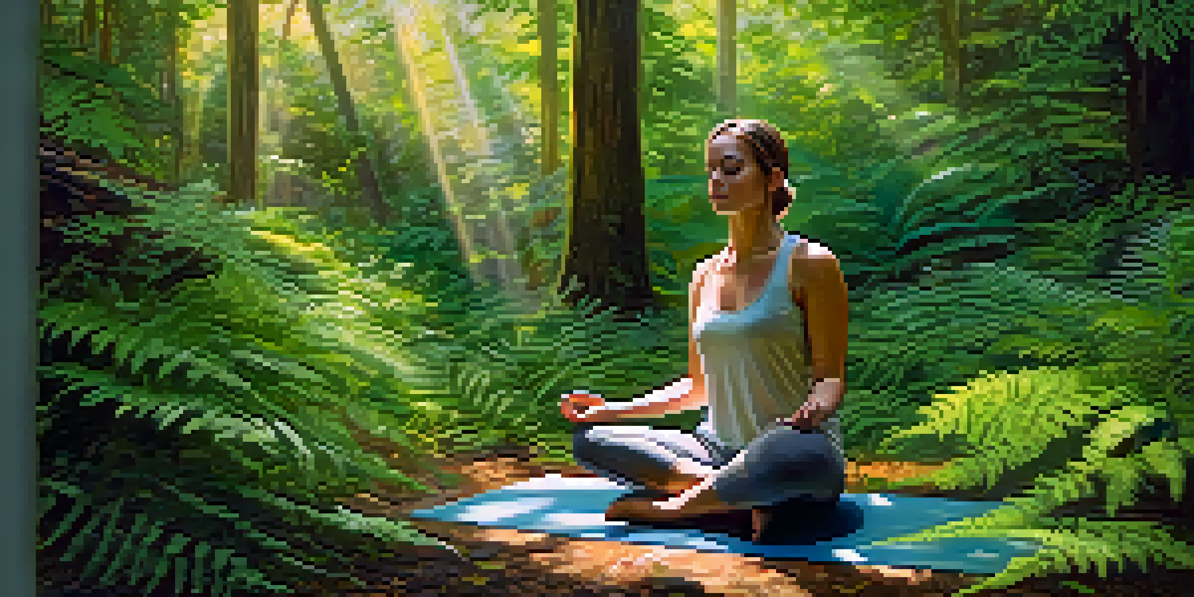 A person meditating on a yoga mat in a lush forest, with sunlight filtering through the trees.