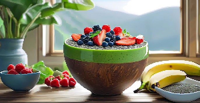 A vibrant green smoothie bowl topped with fresh fruits and seeds in a wooden bowl on a bright kitchen counter.