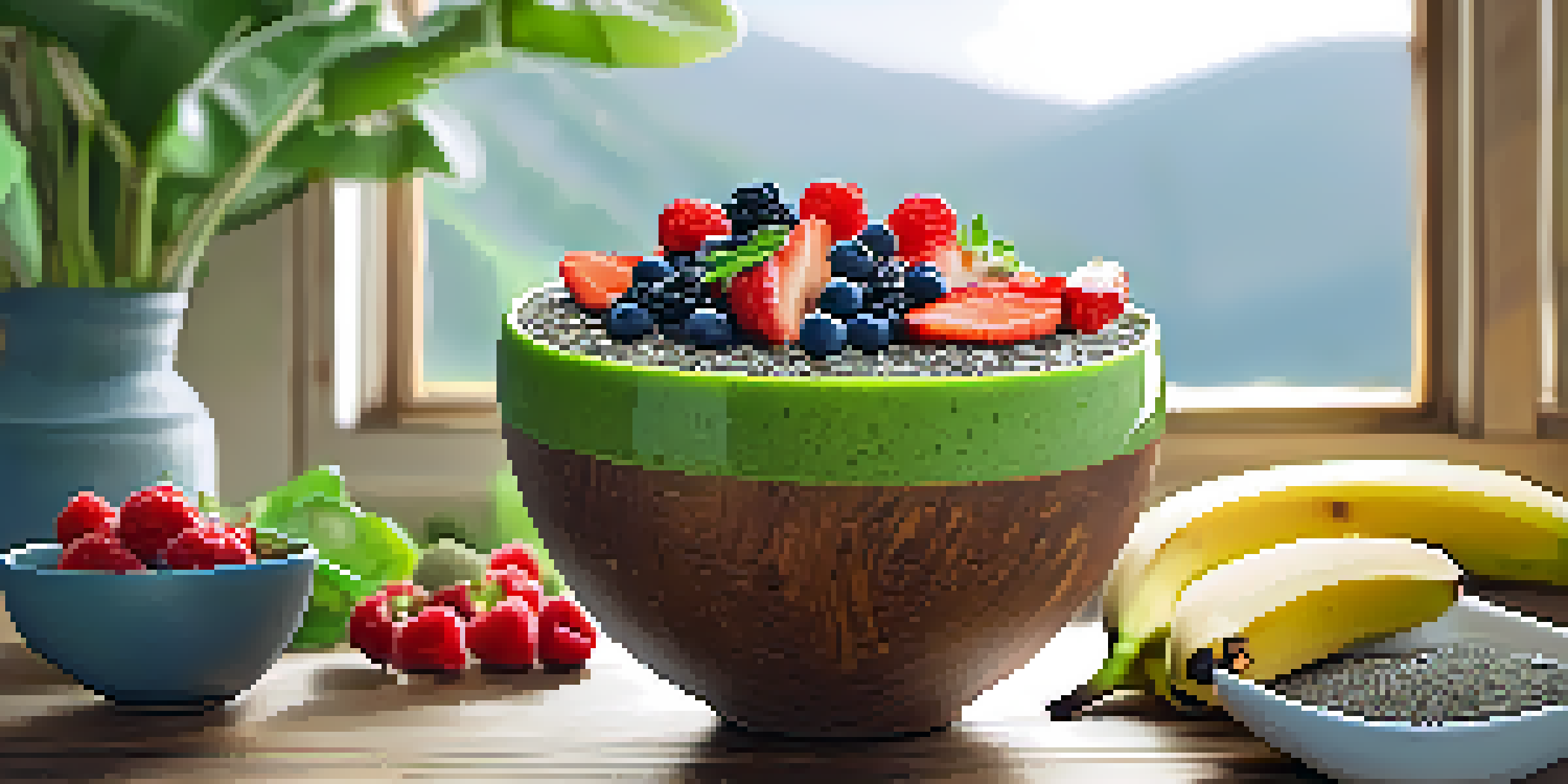 A vibrant green smoothie bowl topped with fresh fruits and seeds in a wooden bowl on a bright kitchen counter.