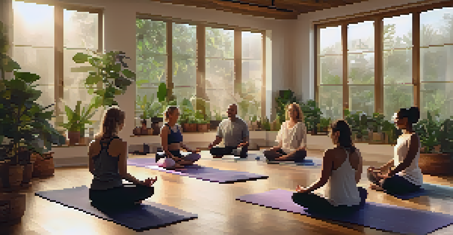 Participants sitting in a circle on yoga mats in a warmly lit workshop, engaged in sharing experiences.