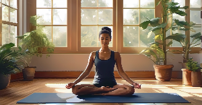 A peaceful yoga studio with sunlight streaming in and a person meditating on a yoga mat surrounded by plants.