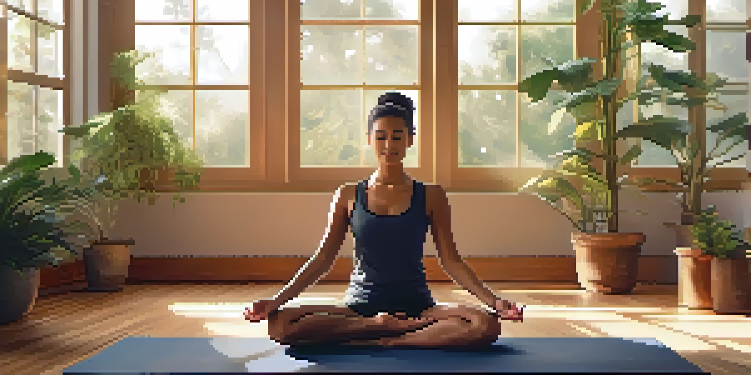 A peaceful yoga studio with sunlight streaming in and a person meditating on a yoga mat surrounded by plants.