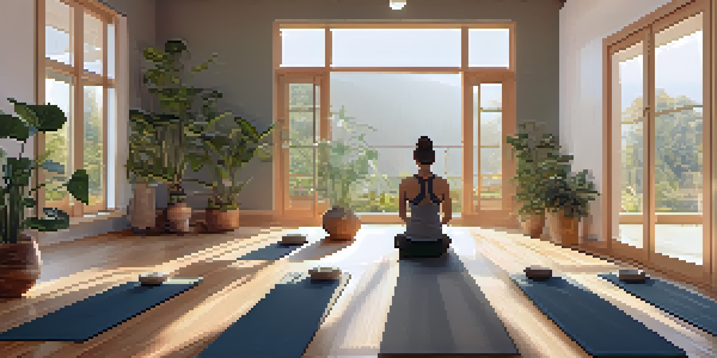 A person practicing yoga in a well-lit studio with wooden floors and plants, surrounded by calming elements like candles.