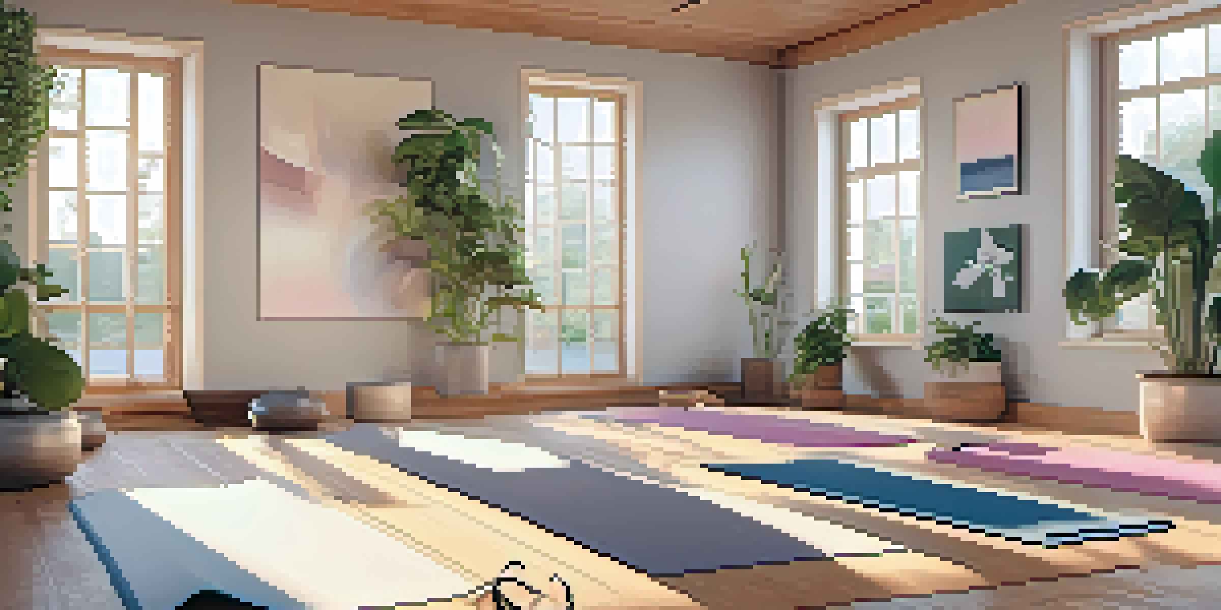 A peaceful yoga studio with natural light, a yoga mat, blocks, and a plant, creating a calming atmosphere.