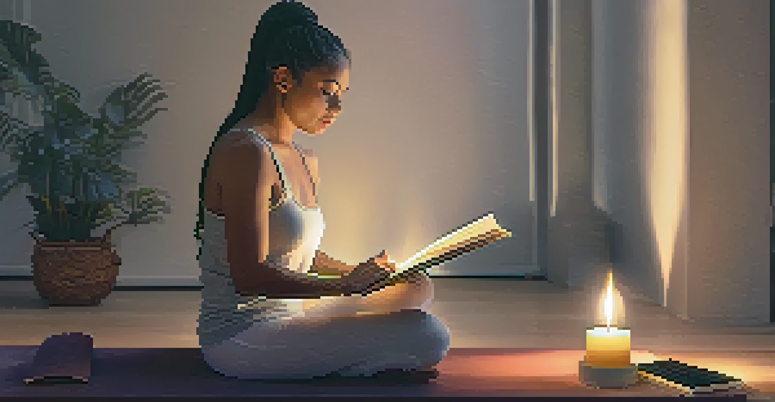 A person seated in a meditative pose on a yoga mat, with a journal beside them and soft candlelight in the background.