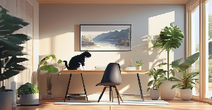 A person performing chair yoga in a home office, stretching in a cat-cow pose with natural light coming through the window.