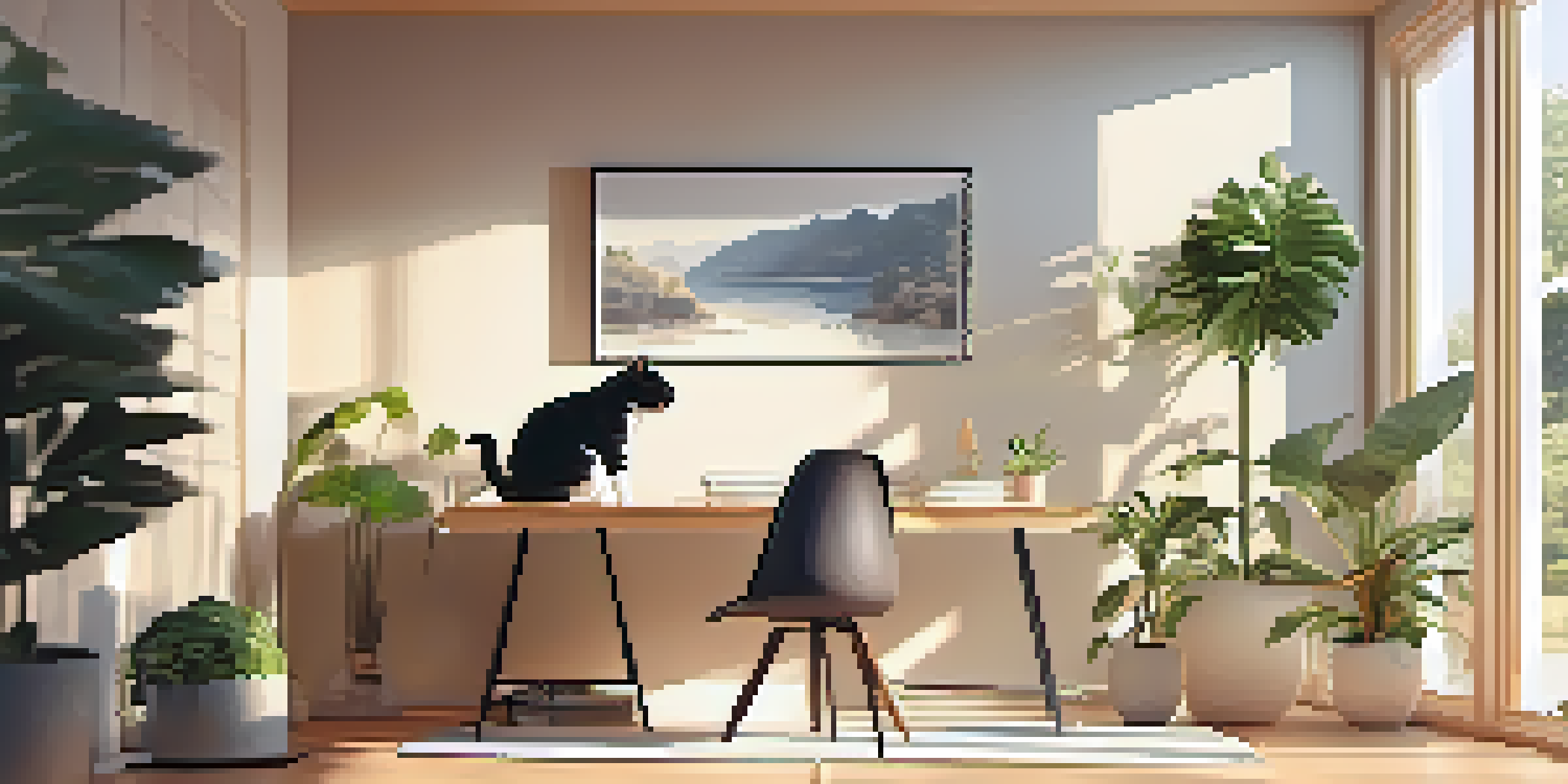 A person performing chair yoga in a home office, stretching in a cat-cow pose with natural light coming through the window.