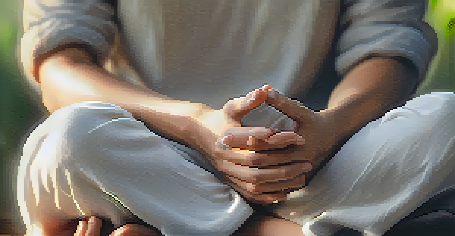 Close-up of hands in a meditative pose against a tranquil outdoor background.