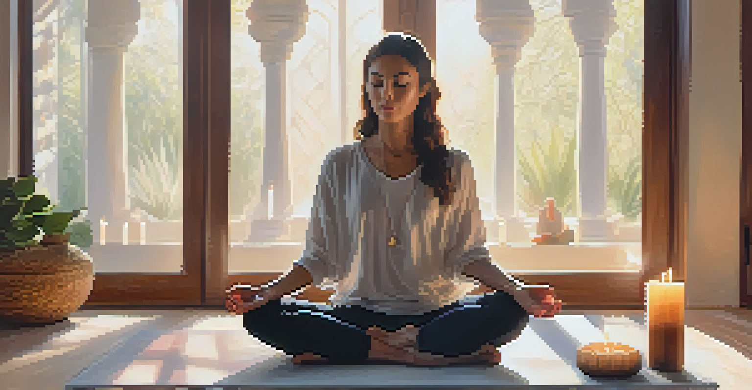 A person meditating on a yoga mat in a sunlit room, surrounded by candles and fabric hangings.