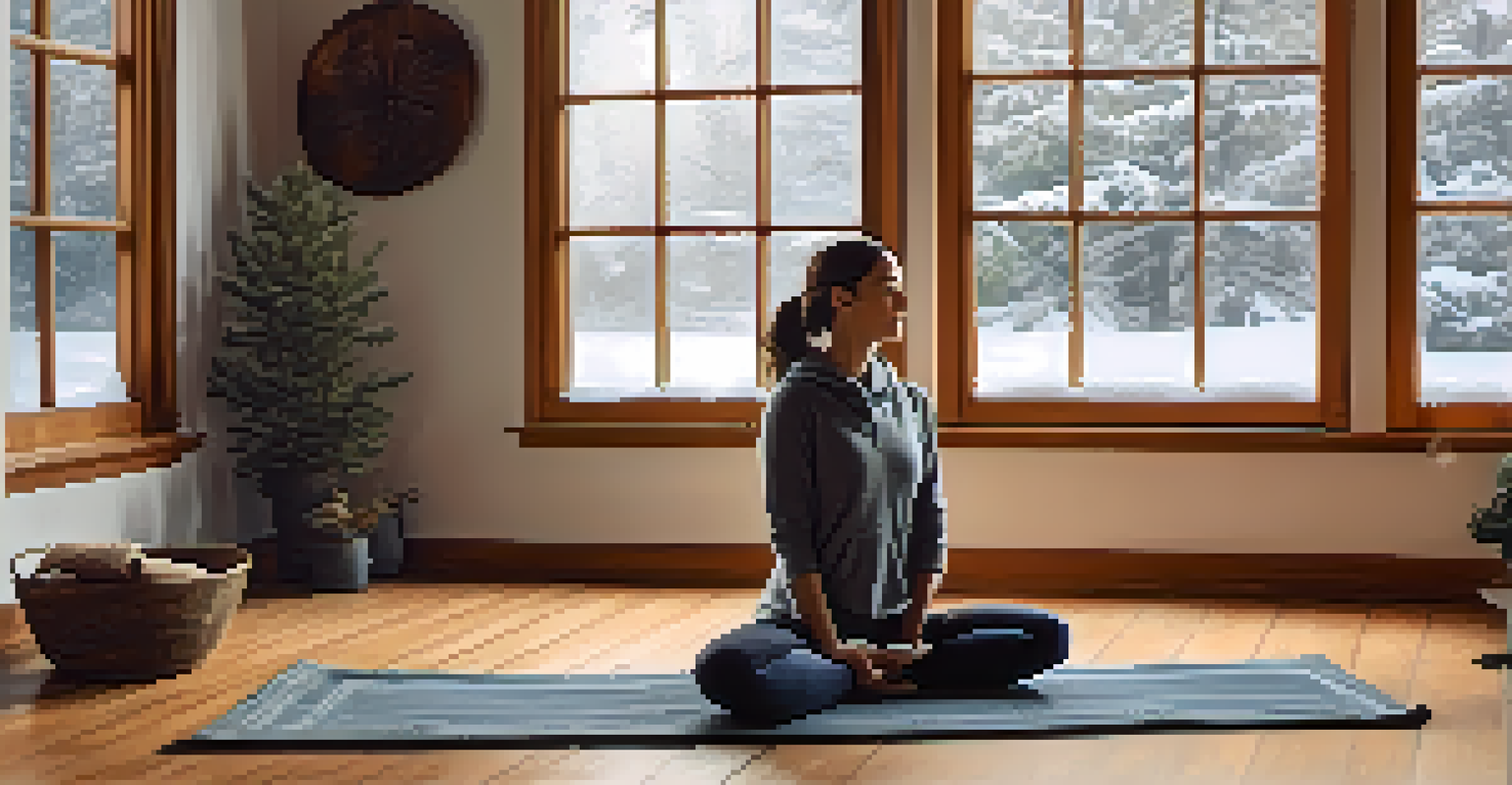 A person practicing restorative yoga indoors during winter, with a snowy landscape visible outside the window.