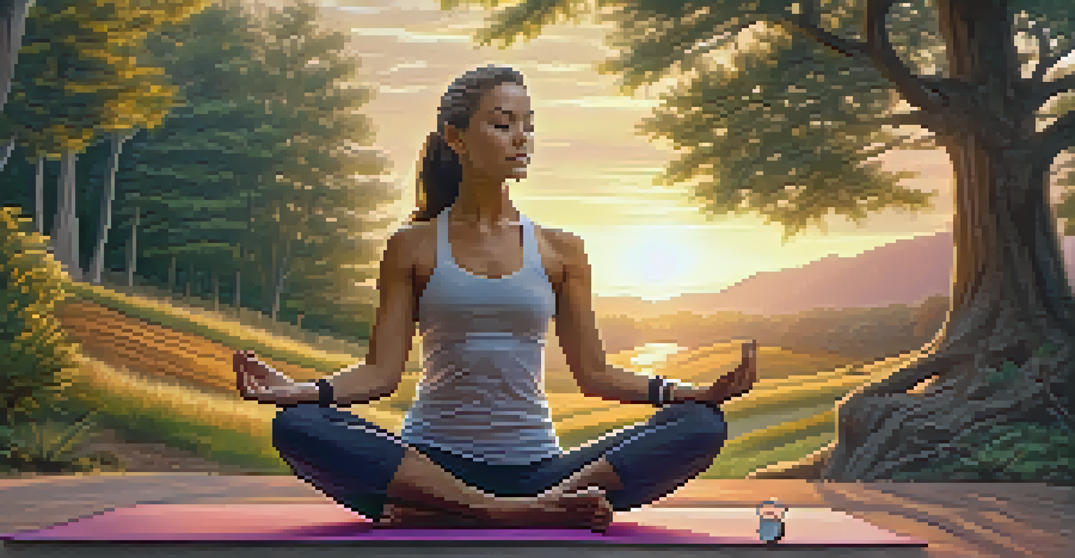 A person practicing yoga outdoors at sunset, wearing a fitness tracker and surrounded by nature.