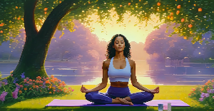 A woman practicing yoga in a beautiful green park at sunset, surrounded by flowers and trees under a colorful sky.