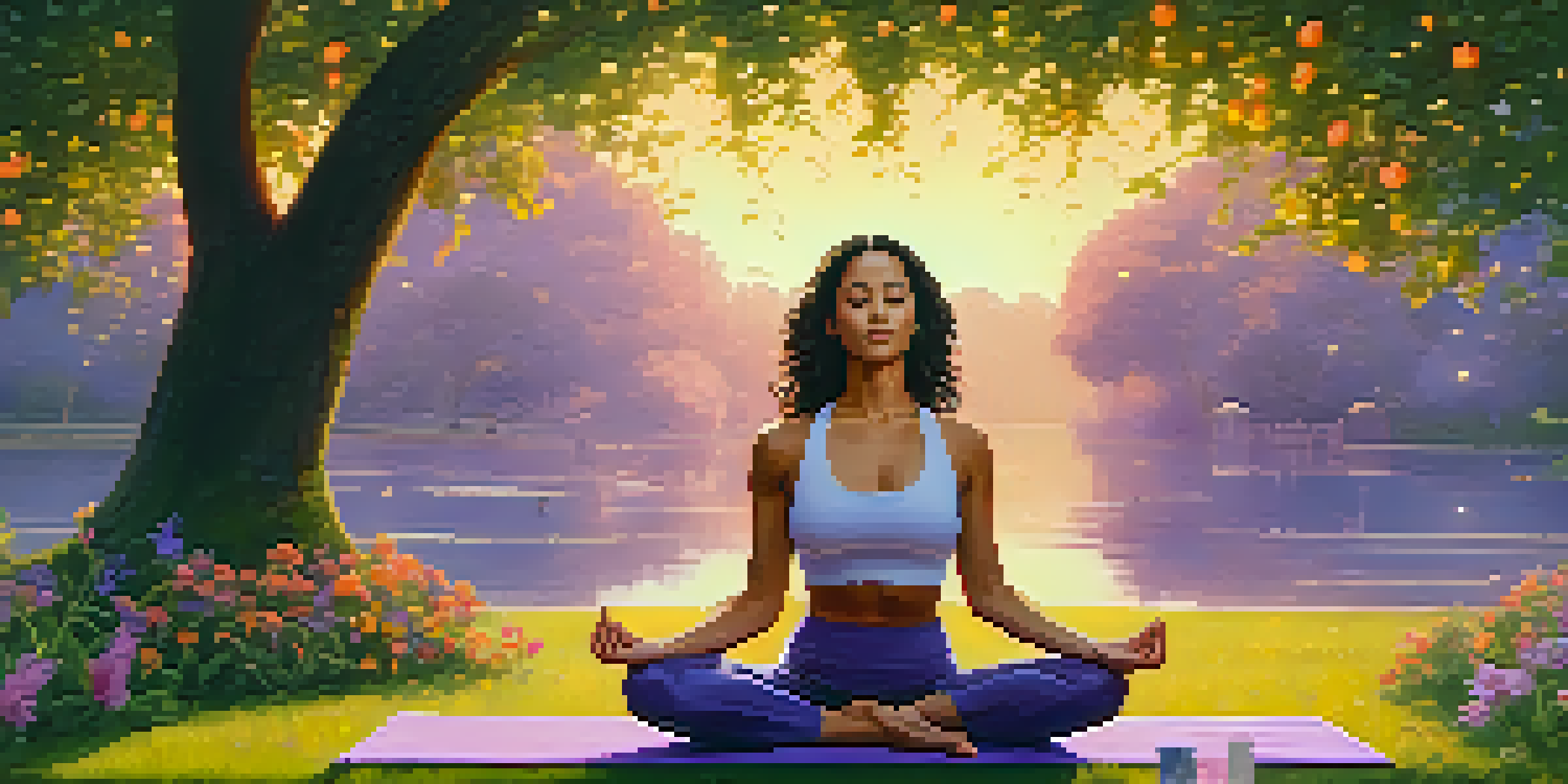 A woman practicing yoga in a beautiful green park at sunset, surrounded by flowers and trees under a colorful sky.