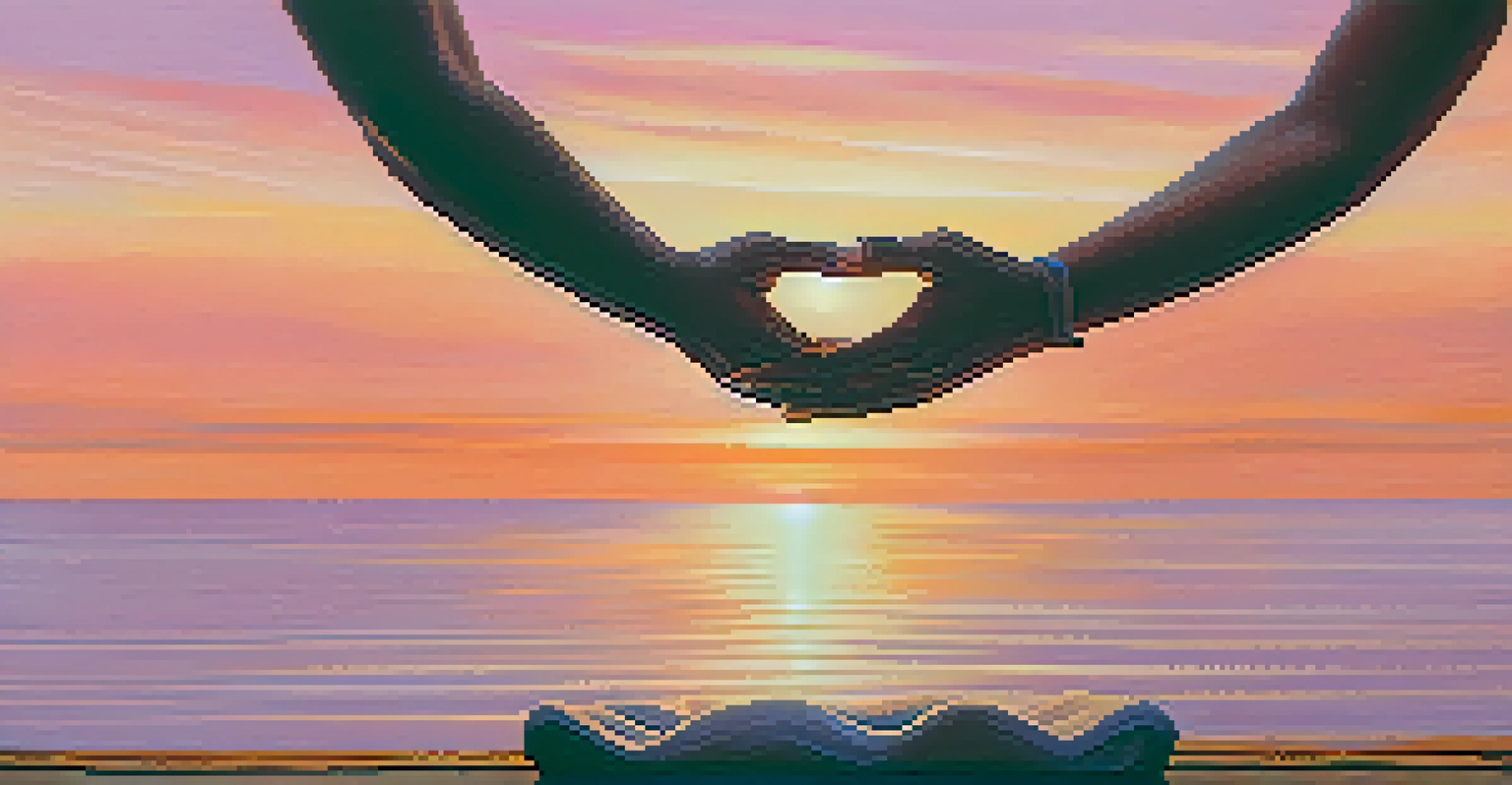 Hands in a meditative pose against a beautiful sunset backdrop, symbolizing mindfulness and peace.
