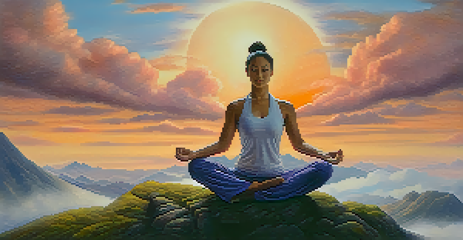 A person practicing yoga on a mountain top, with a yin-yang symbol in the clouds during sunset.