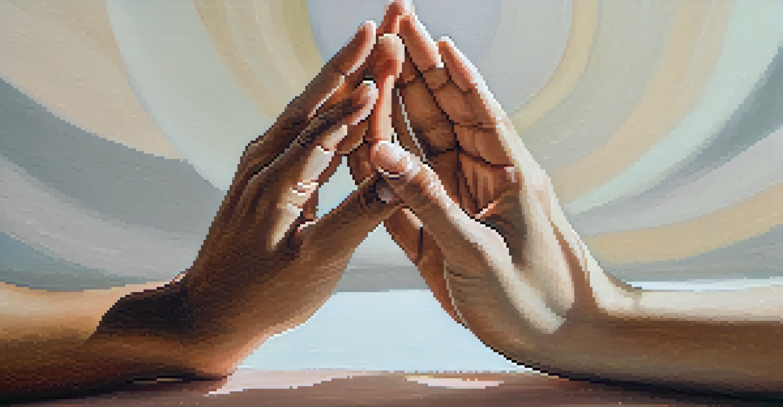 Close-up of two hands connecting during partner yoga, symbolizing trust and support, with a soft and calming background.